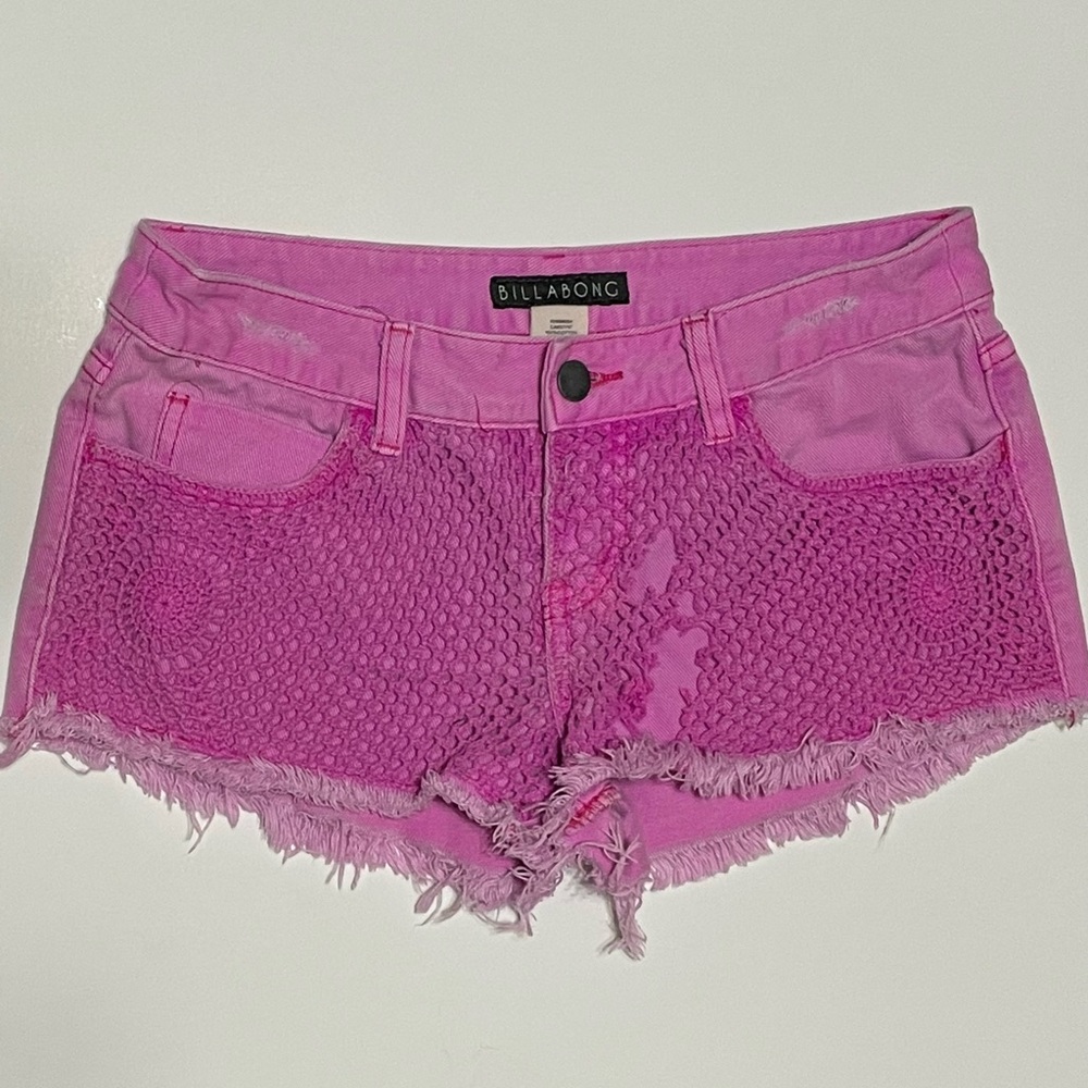 Billabong Hot Pink Cutoff Denim Booty Shorts w/ Crochet Front, Size 1